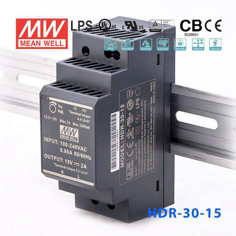 Mean Well HDR-30-15 Ultra Slim Step Shape Power Supply 30W 15V - DIN Rail