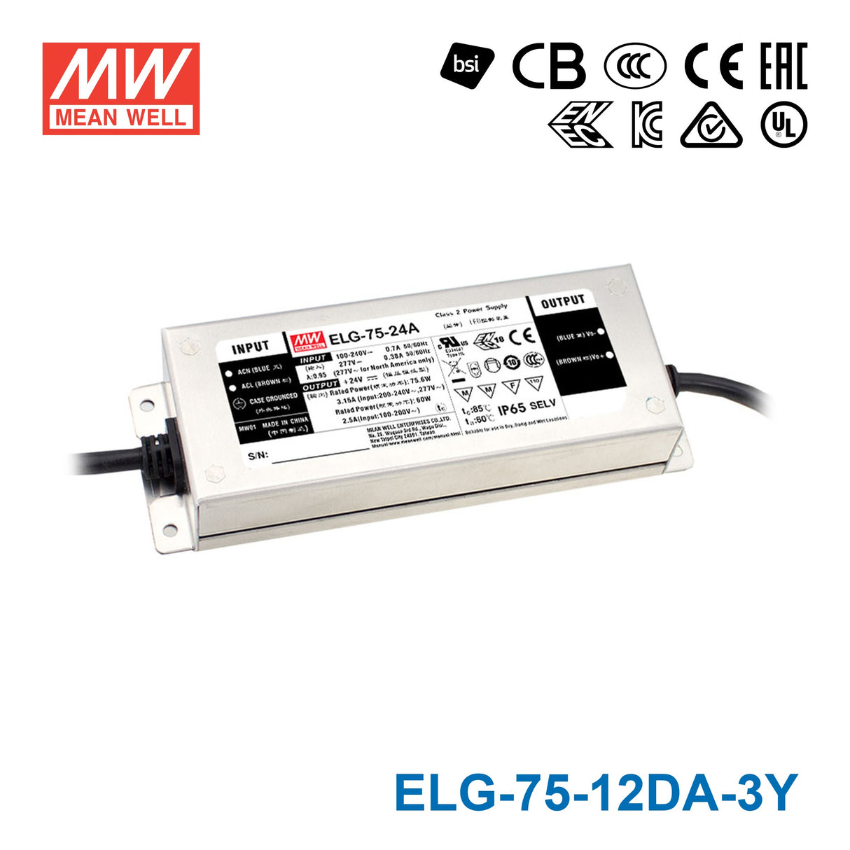 Mean Well ELG-75-12DA-3Y Power Supply 60W 12V - DALI 5A — 3-Wire Input (with Earth)