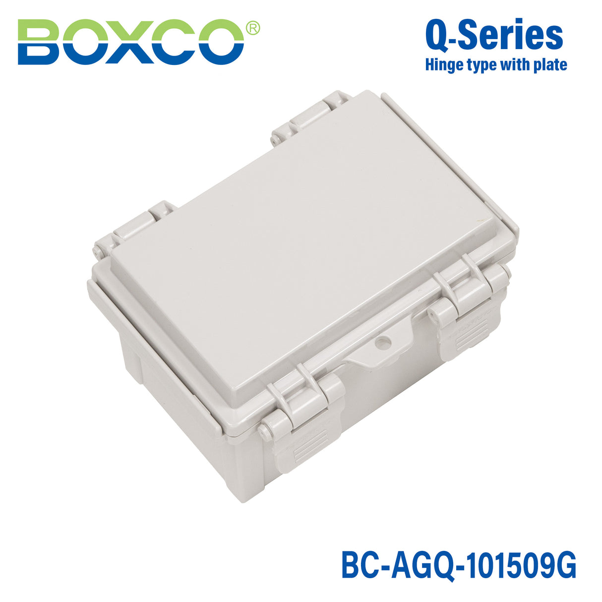 Boxco Q-Series 100x150x90mm Plastic Enclosure, IP67, IK08, ABS, Grey Cover, Hinge Type with Plate