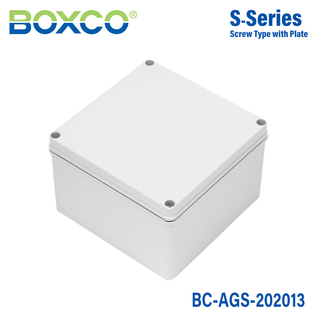 Boxco S-Series 200x200x130mm Plastic Enclosure, IP67, IK08, ABS, Grey Cover, Screw Type