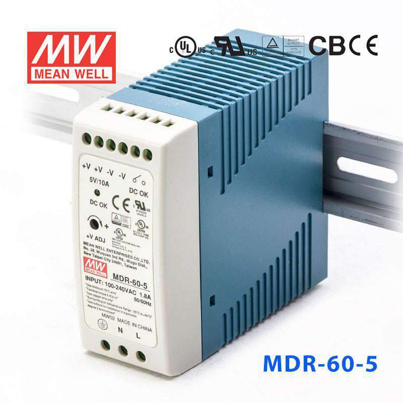 Mean Well MDR-60-5 Single Output Industrial Power Supply 60W 5V - DIN Rail