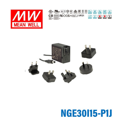 Mean Well NGE30I15-P1J AC-DC Wall-mounted Green Adaptor - Interchangeable Plug - 30W 15V 2A