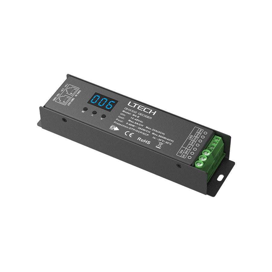 Ltech M4-E Constant Voltage 4 Channel DMX/RDM Decoder, 12-48V, 24A, RJ45 Terminal, LED Display
