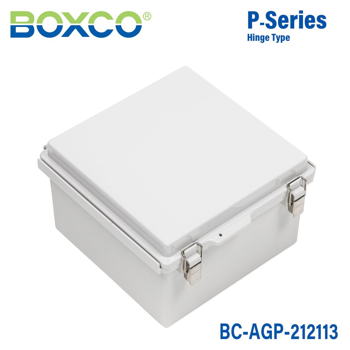 Boxco P-Series 210x210x130mm Plastic Enclosure, IP67, IK08, ABS, Grey Cover, Molded Hinge and Latch Type