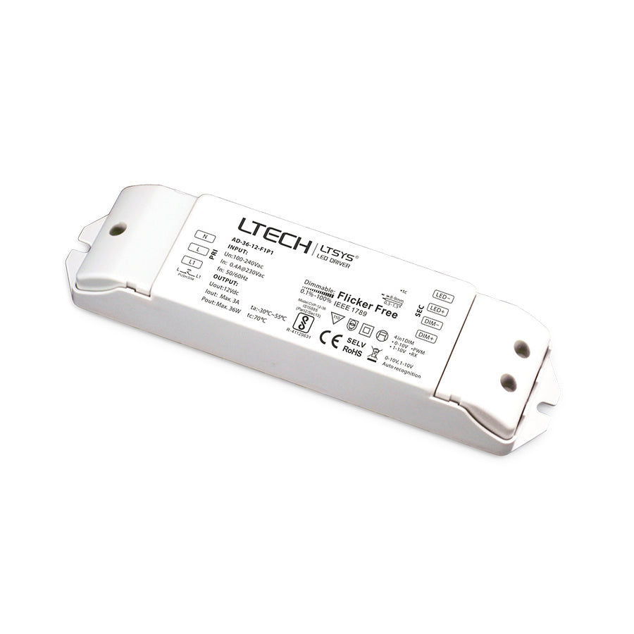 LTECH AD-36-12-F1P1 36W 12Vdc CV LED Driver - 0/1-10Vdimmable