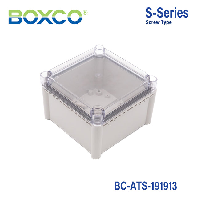 Boxco S-Series 190x190x130mm Plastic Enclosure, IP67, IK08, ABS, Transparent Cover, Screw Type