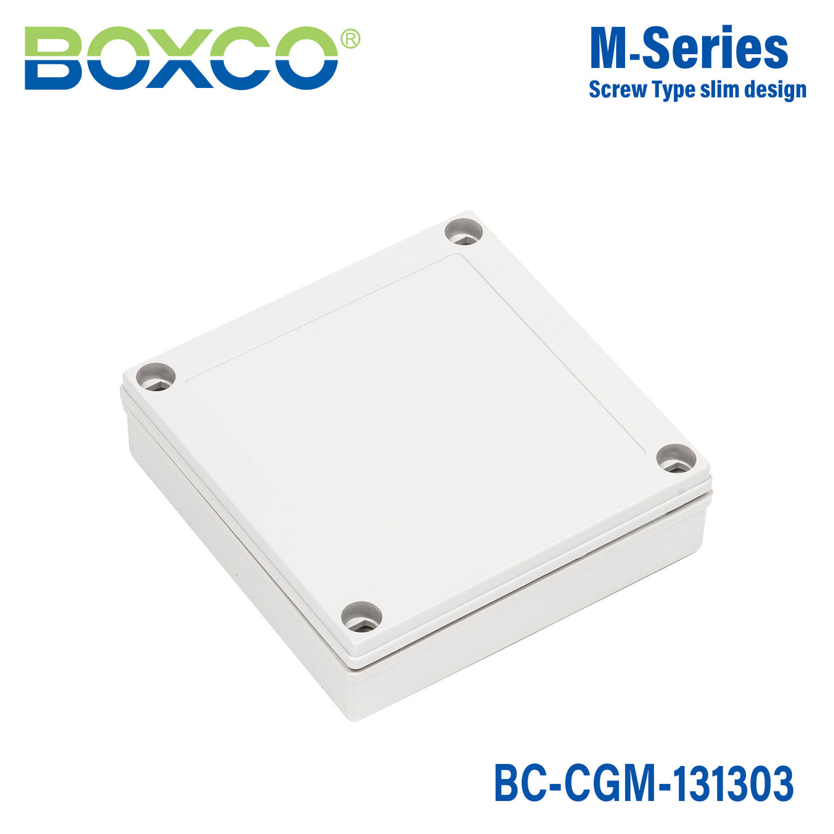 Boxco M-Series 130x130x35mm Plastic Enclosure, IP67, IK08, PC, Grey Cover, Screw Type