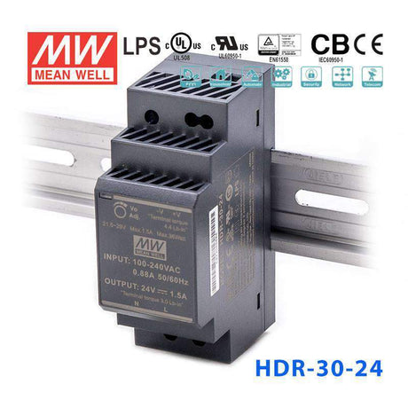 Mean Well HDR-30-24 Ultra Slim Step Shape Power Supply 30W 24V - DIN Rail