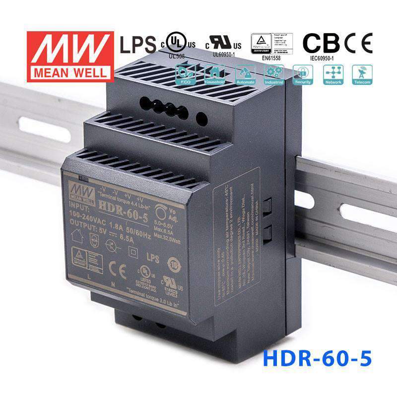 Mean Well HDR-60-5 Ultra Slim Step Shape Power Supply 60W 5V 6.5A - DIN Rail