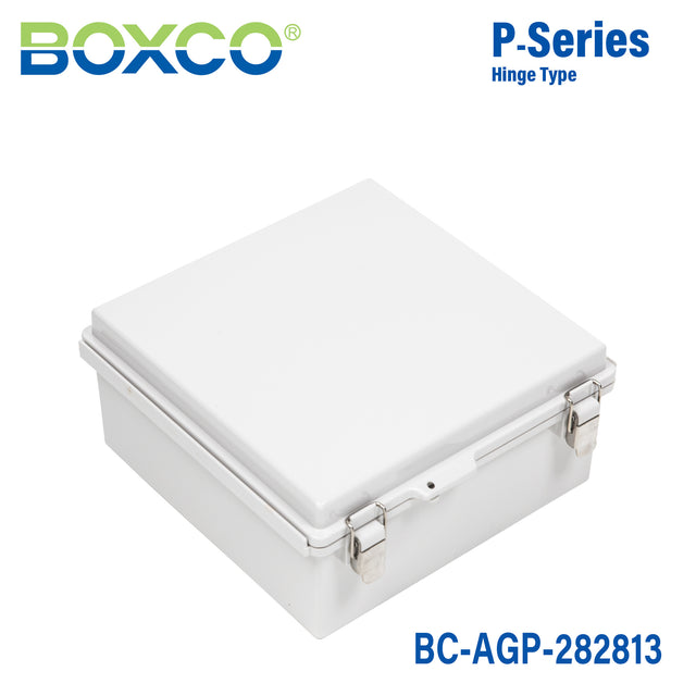 Boxco P-Series 280x280x130mm Plastic Enclosure, IP67, IK08, ABS, Grey Cover, Molded Hinge and Latch Type