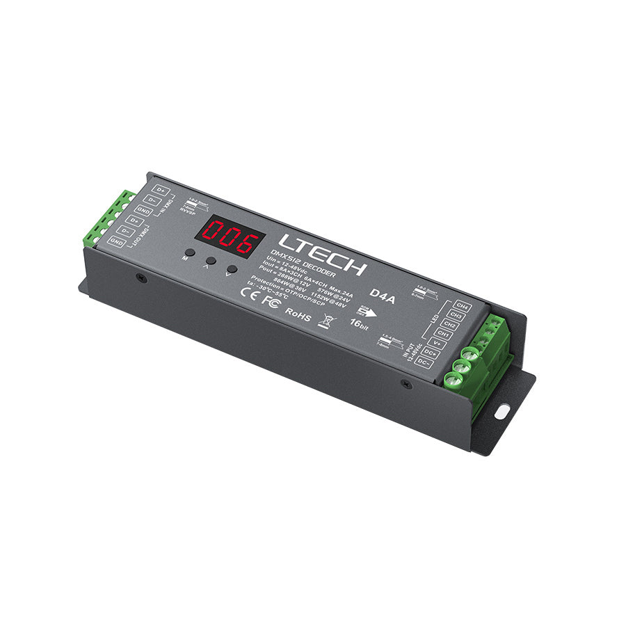 Ltech D4A Constant Voltage 4 Channel DMX/RDM Decoder, 12-48V, 24A, Screw Terminal, LED Display