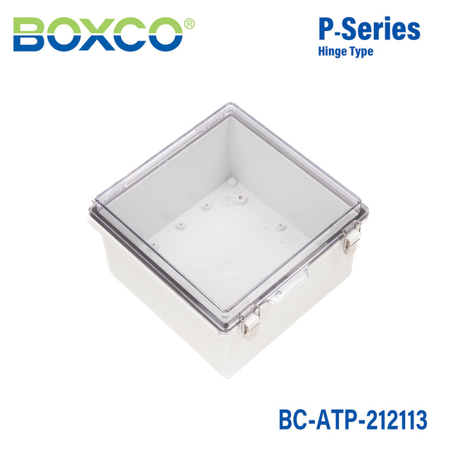 Boxco P-Series 210x210x130mm Plastic Enclosure, IP67, IK08, ABS, Transparent Cover, Molded Hinge and Latch Type