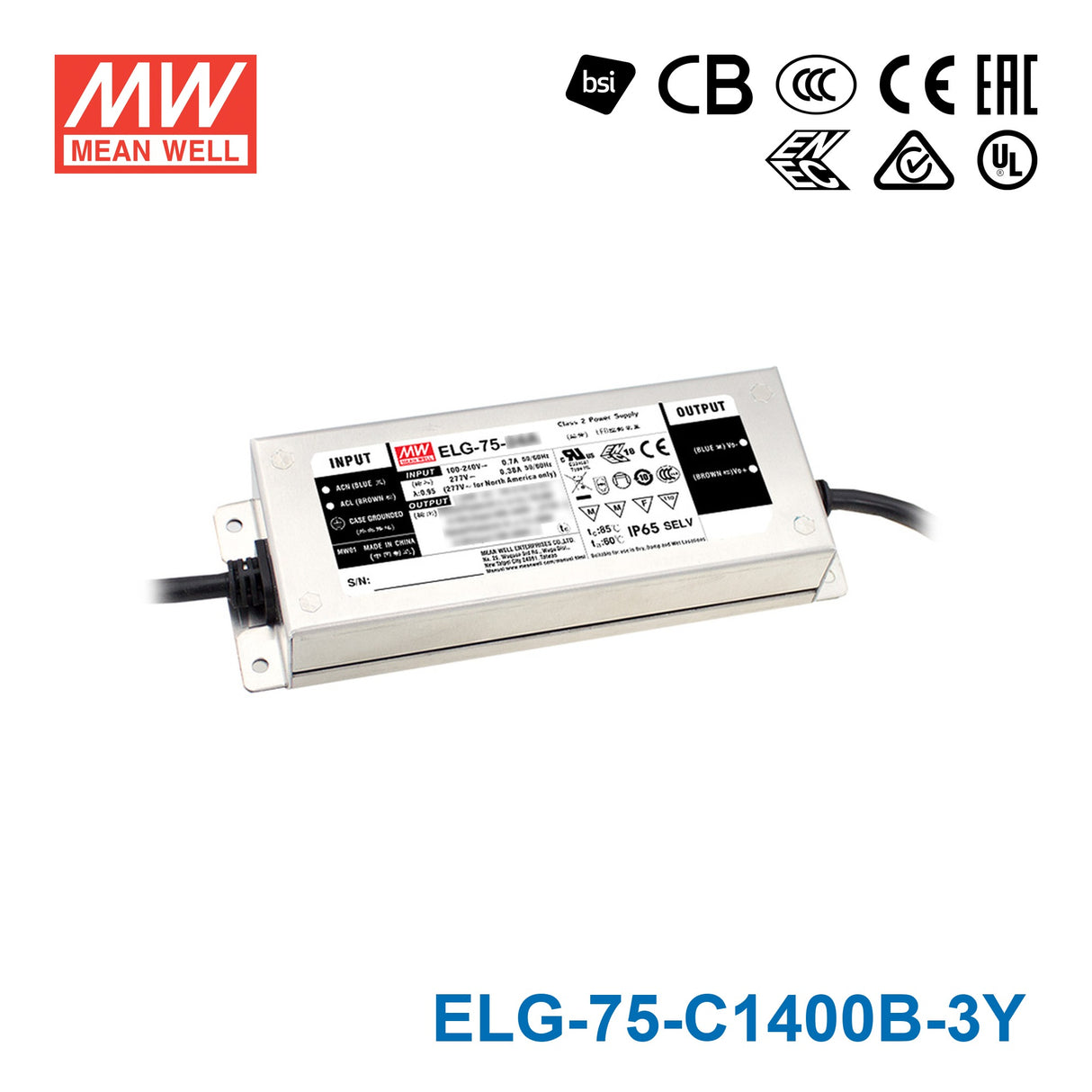Mean Well ELG-75-C1400B-3Y Power Supply 75W 1400mA - Dimmable — 3-Wire Input (with Earth)