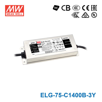 Mean Well ELG-75-C1400B-3Y Power Supply 75W 1400mA - Dimmable — 3-Wire Input (with Earth)