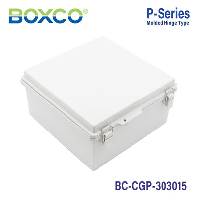 Boxco P-Series 300x300x150mm Plastic Enclosure, IP67, IK08, PC, Grey Cover, Molded Hinge and Latch Type