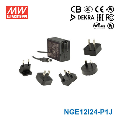 Mean Well NGE12I24-P1J AC-DC Wall-mounted Green Adaptor - Interchangeable Plug - 12W 24V 0.625A