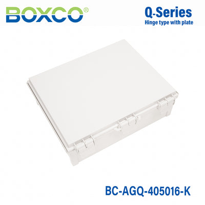 Boxco Q-Series 400x450x160mm Plastic Enclosure, IP67, IK08, ABS, Grey Cover, Hinge Type with Plate