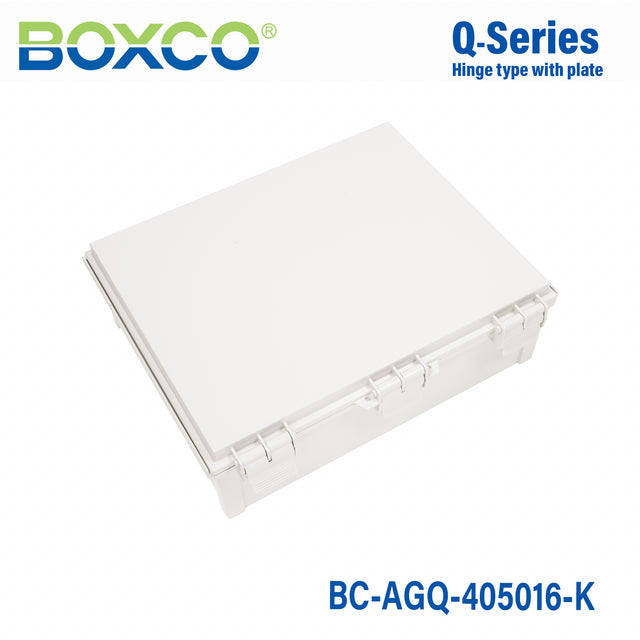 Boxco Q-Series 400x450x160mm Plastic Enclosure, IP67, IK08, ABS, Grey Cover, Hinge Type with Plate