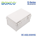 Boxco Q-Series 200x300x150mm Plastic Enclosure, IP67, IK08, ABS, Grey Cover, Hinge Type with Plate