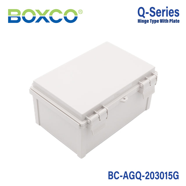 Boxco Q-Series 200x300x150mm Plastic Enclosure, IP67, IK08, ABS, Grey Cover, Hinge Type with Plate