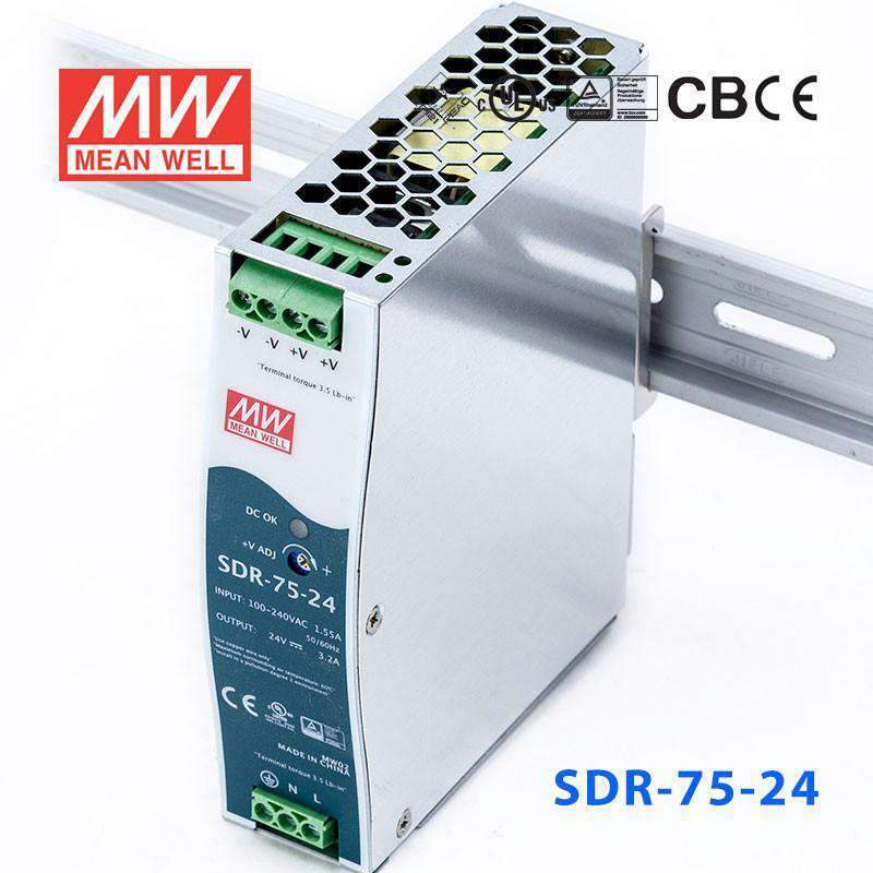 Mean Well SDR-75-24 Single Output Industrial Power Supply 75W 24V 3.2A - DIN Rail