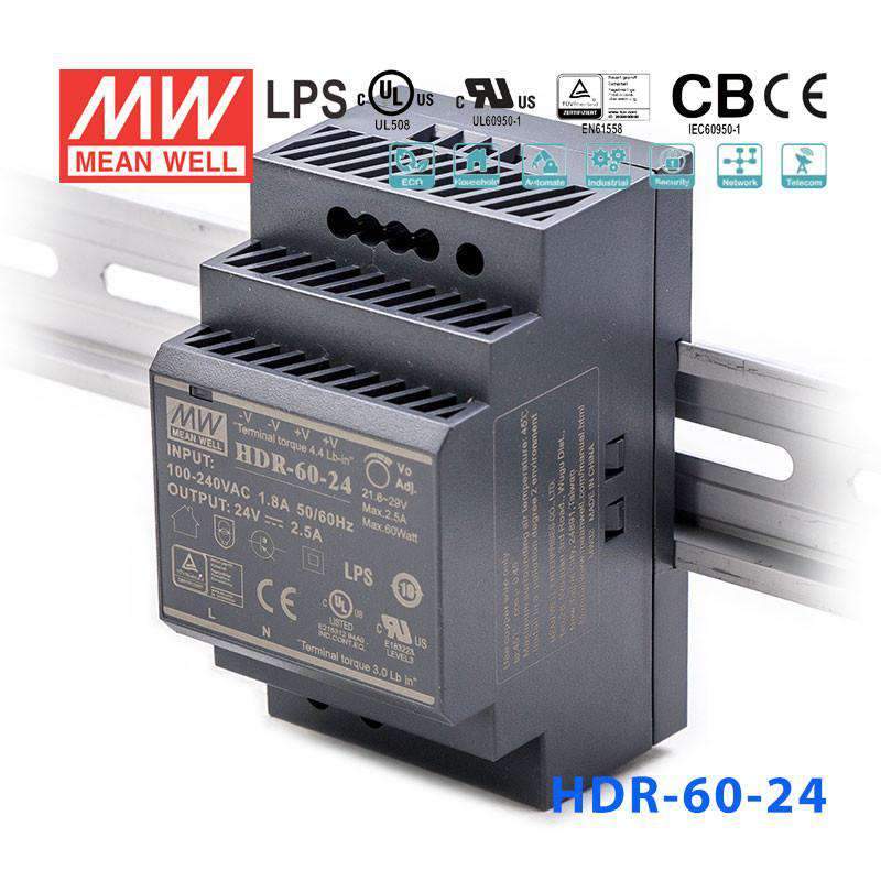 Mean Well HDR-60-24 Ultra Slim Step Shape Power Supply 60W 24V - DIN Rail