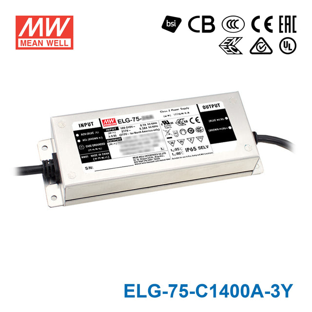 Mean Well ELG-75-C1400A-3Y Power Supply 75W 1400mA - Adjustable — 3-Wire Input (with Earth)