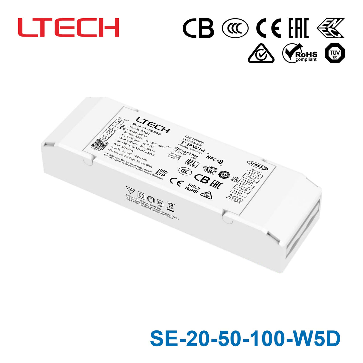 Ltech SE-20-50-100-W5D 21W 9-42VDC CC DALI-2 LED Driver 0.05-0.1A