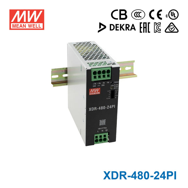 Mean Well XDR-480-24PI High-End Ultra Slim Industrial Din Rail Power Supply 480W 24V with Push In Connector 20A