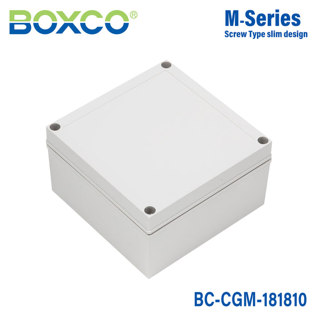 Boxco M-Series 180x180x100mm Plastic Enclosure, IP67, IK08, PC, Grey Cover, Screw Type