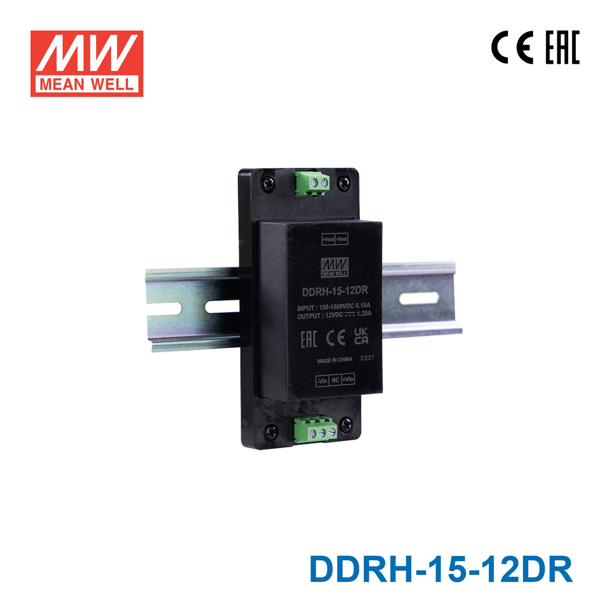Mean Well DDRH-15-12DR Ultra Wide Input DC-DC Converter, 15W 12V, Din Rail Type 1.25A