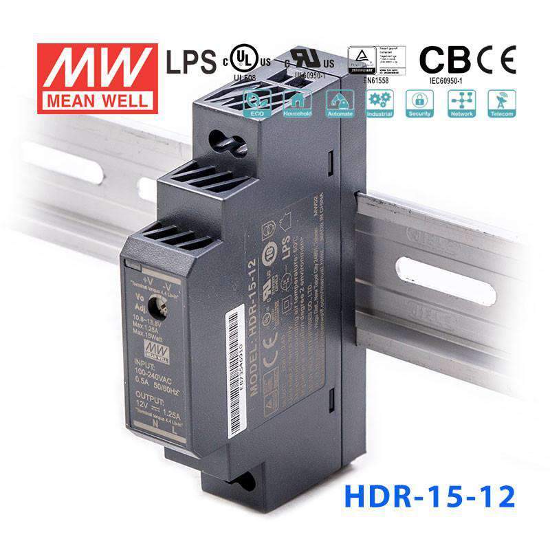 Mean Well HDR-15-12 Ultra Slim Step Shape Power Supply 15W 12V - DIN Rail