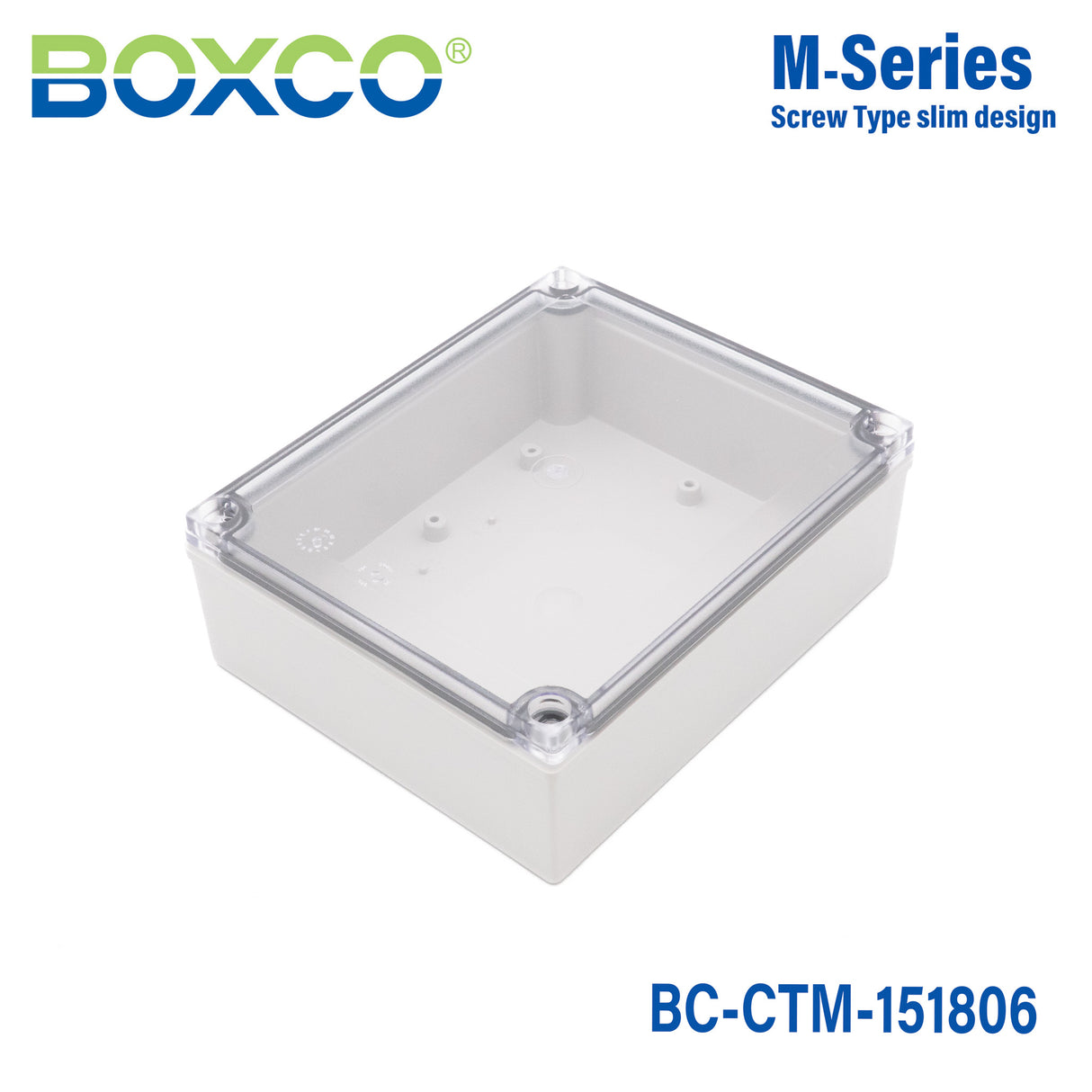 Boxco M-Series 150x180x60mm Plastic Enclosure, IP67, IK08, PC, Transparent Cover, Screw Type