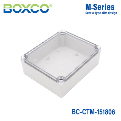 Boxco M-Series 150x180x60mm Plastic Enclosure, IP67, IK08, PC, Transparent Cover, Screw Type
