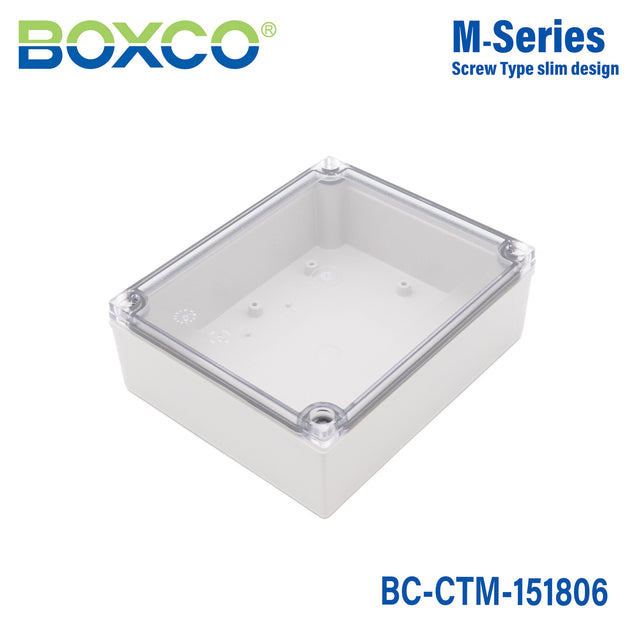 Boxco M-Series 150x180x60mm Plastic Enclosure, IP67, IK08, PC, Transparent Cover, Screw Type