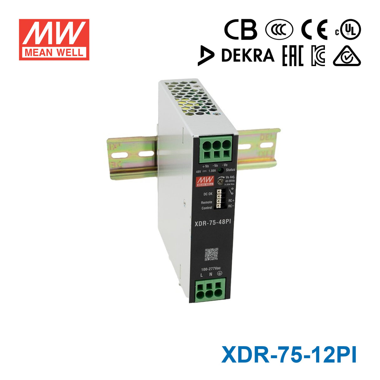 Mean Well XDR-75-12PI High-End Ultra Slim Industrial Din Rail Power Supply 74.88W 12V with Push In Connector 6.24A