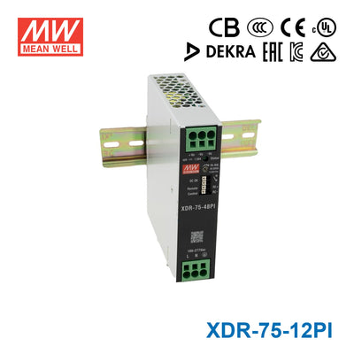 Mean Well XDR-75-12PI High-End Ultra Slim Industrial Din Rail Power Supply 74.88W 12V with Push In Connector 6.24A
