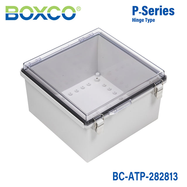 Boxco P-Series 280x280x130mm Plastic Enclosure, IP67, IK08, ABS, Transparent Cover, Molded Hinge and Latch Type
