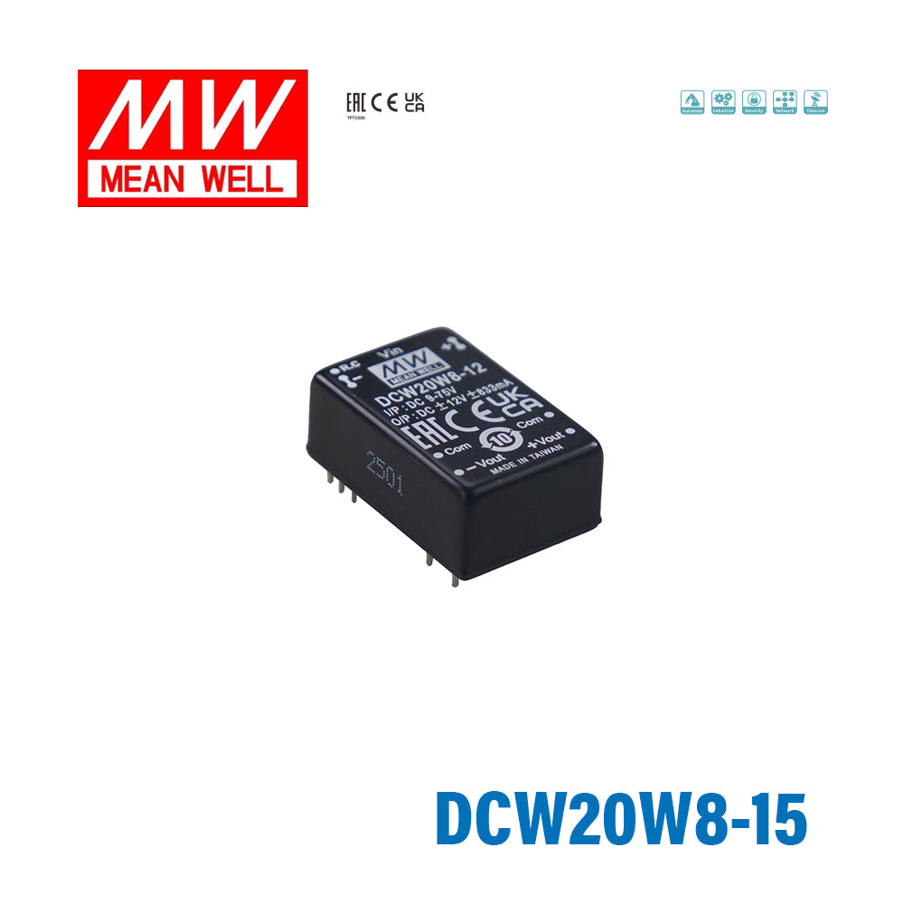 Mean Well DCW20W8-15 DC-DC Converter - 20W 9~75V DC in ±15V out 10mA