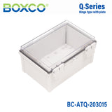 Boxco Q-Series 200×300×150mm Plastic Enclosure, IP67, IK08, ABS, Transparent Cover, Plastic Hinge and Latch Type