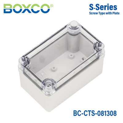 Boxco S-Series 80x130x85mm Plastic Enclosure, IP67, IK08, PC, Transparent Cover, Screw Type