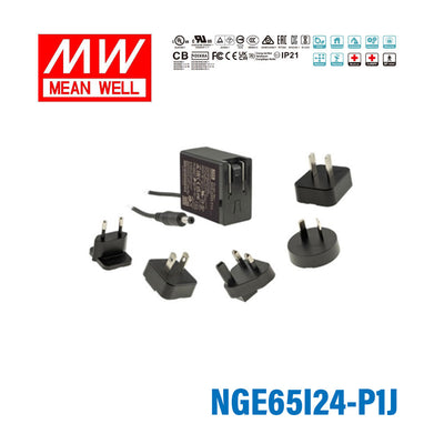 Mean Well NGE65I24-P1J AC-DC Wall-mounted Green Adaptor - Interchangeable Plug - 65W 24V 2.71A