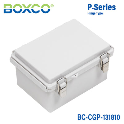 Boxco P-Series 135x185x100mm Plastic Enclosure, IP67, IK08, PC, Grey Cover, Molded Hinge and Latch Type
