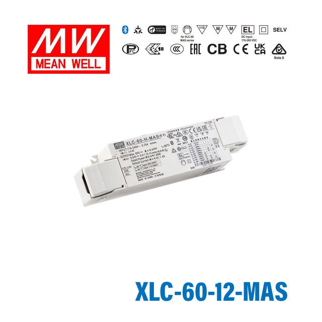 Mean Well XLC-60-12-MAS LED Driver 60W 12V Constant Voltage LED Driver, Matter Wireless Dimming with Strain Relief 5mA