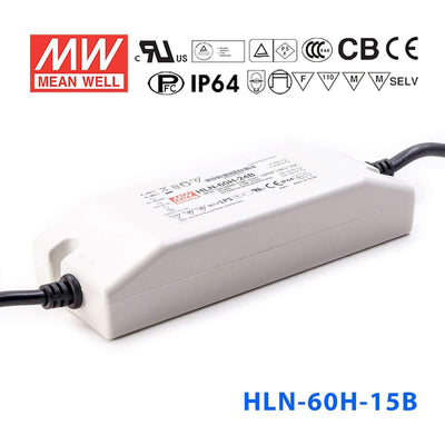 Mean Well HLN-60H-15B Power Supply 60W 15V - IP64, Dimmable 4A