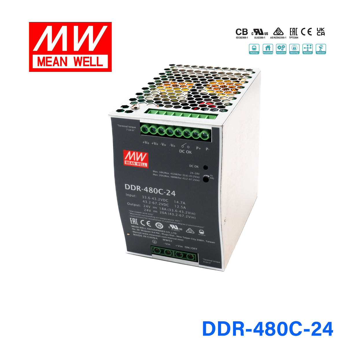 Mean Well DDR-480C-24 DC-DC Converter - 480W - 33.6~67.2V in 24V out 20A