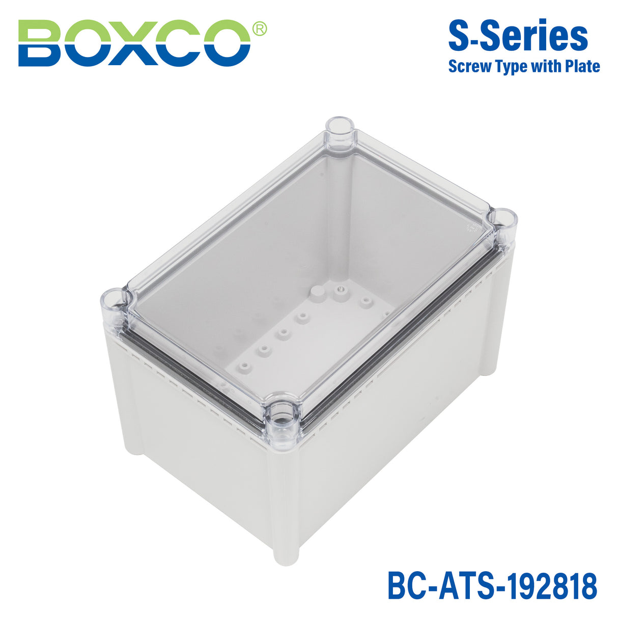 Boxco S-Series 190x280x180mm Plastic Enclosure, IP67, IK08, ABS, Transparent Cover, Screw Type