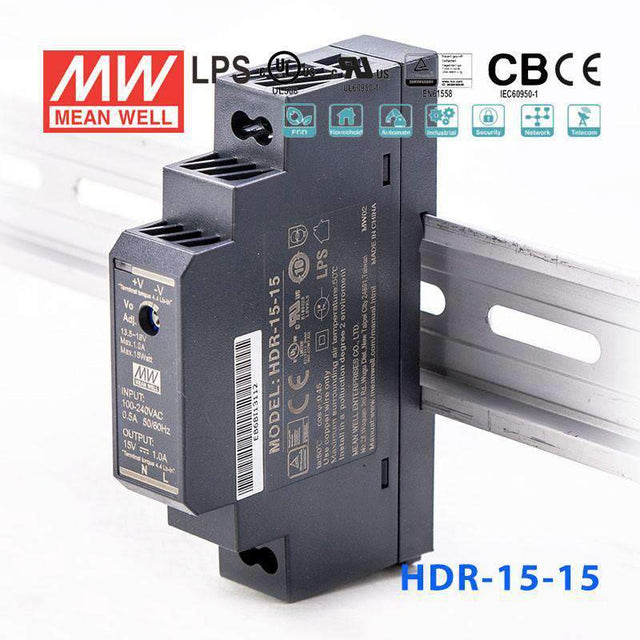 Mean Well HDR-15-15 Ultra Slim Step Shape Power Supply 15W 15V 1A - DIN Rail