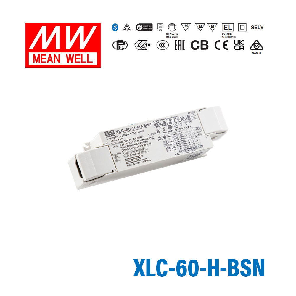 Mean Well XLC-60-H-BSN LED Driver 60W 1400mA 9~54V Constant Power, 3 in 1 Dimming with Strain-relief, NFC Current Setting