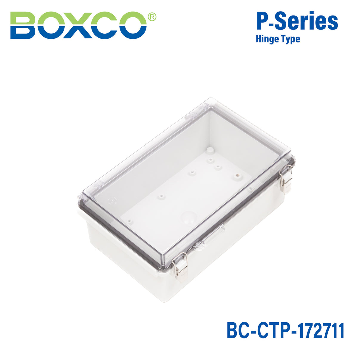 Boxco P-Series 170x270x110mm Plastic Enclosure, IP67, IK08, PC, Transparent Cover, Molded Hinge and Latch Type